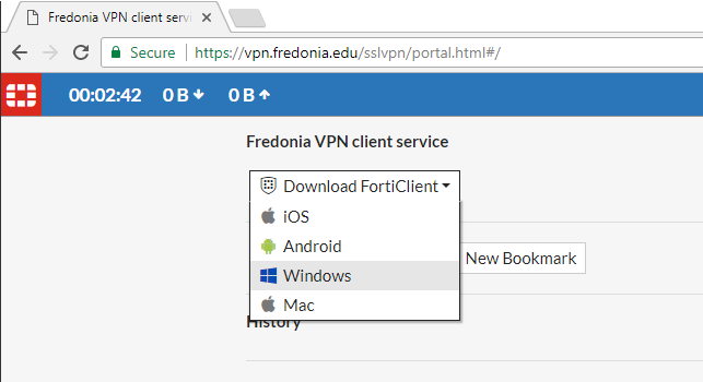 Fredonia VPN Client Services dropdown menu giving choices for Windows, Mac, Android, or IOS