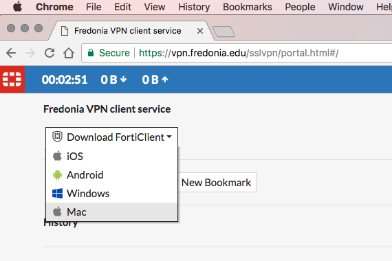 Fredonia VPN client service drop down showing the Mac software installation choice.