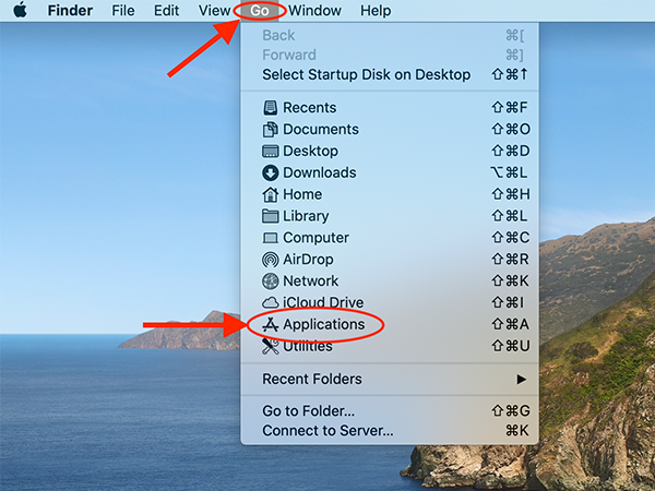 Go dropdown menu open with Application circled in red.
