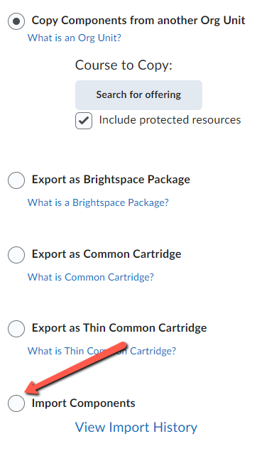 red arrow pointing to the Import Components option