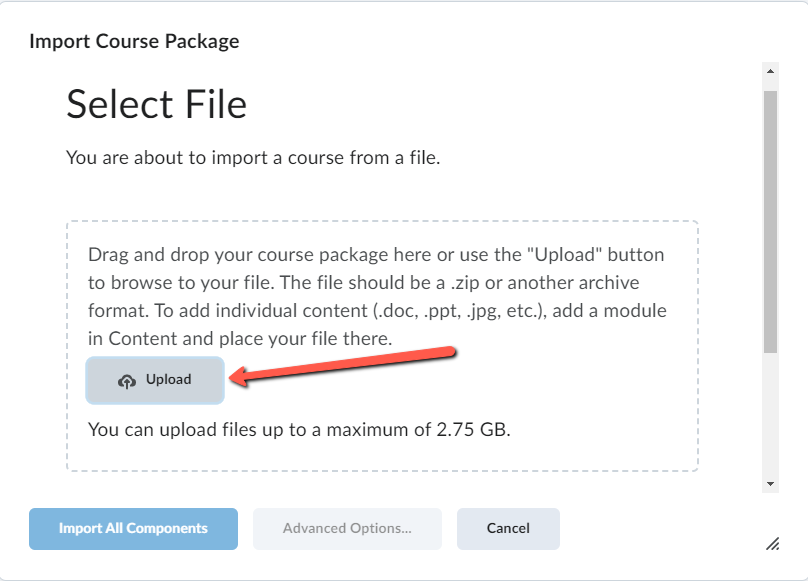 red arrow pointing to the Upload menu where users can upload their course backup