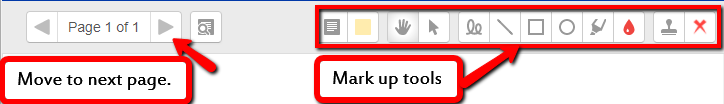 Editing Tools table with Move to Next Page and Mark Up Tools in red boxes. The red arrows point to a red box around the tools and page buttons