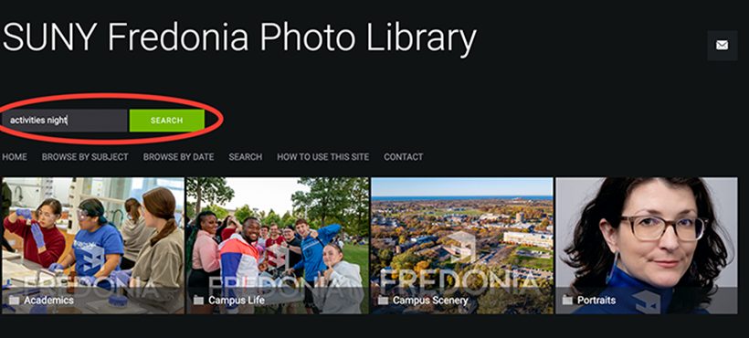 SUNY Fredonia Photo Library with the search bar and button circled in red.