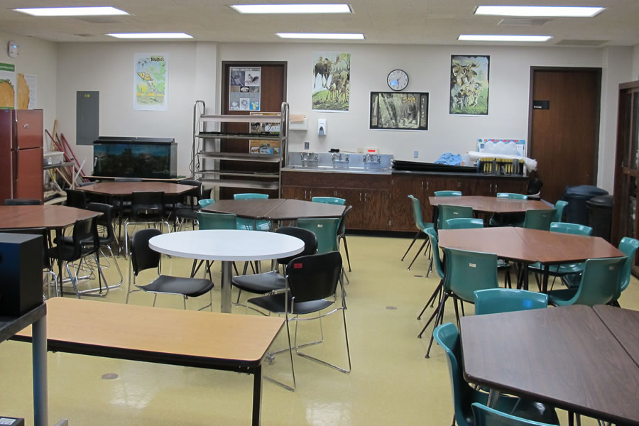 Student desks, chairs and circle tables.