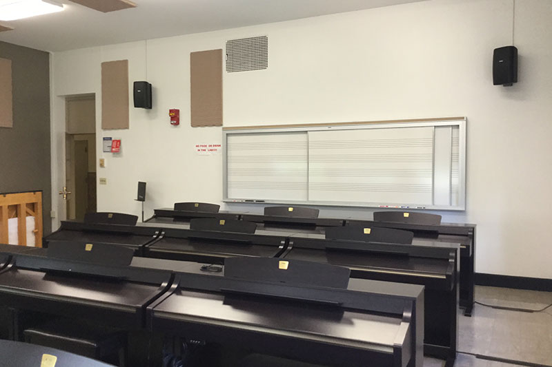 Front of the classroom with a large white board.