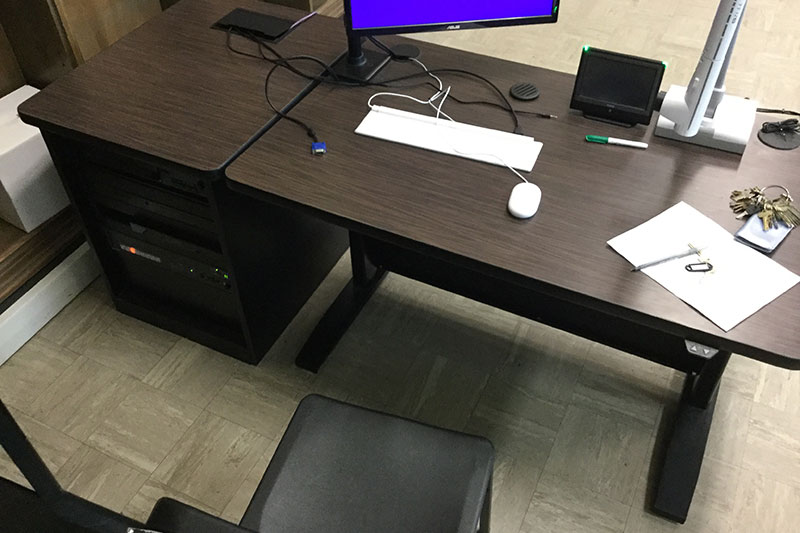 Mason 2018 Smart Classroom teachers station and desk.