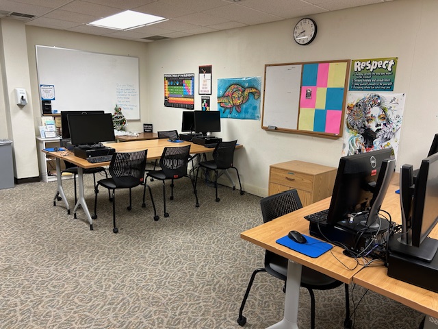 Back of the room with student computer desks