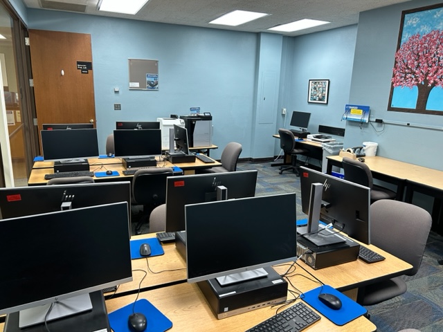 Student computer desks and equipment.