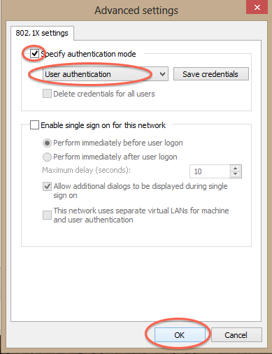 Authentication Mode check box, User Authentication dropbox and OK button highlighted with red circles