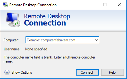 Remote Desktop Connection panel asking for computer details, Username, and a button to connect