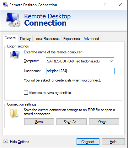 Remote Desktop Connection panel in General Settings. Username and Computer sections are filled with Computer names and the users computer name.