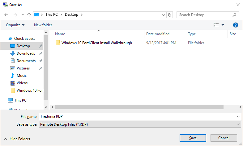 Windows File Explorer Save As menu. Saving to desktop under file name Fredonia RDP