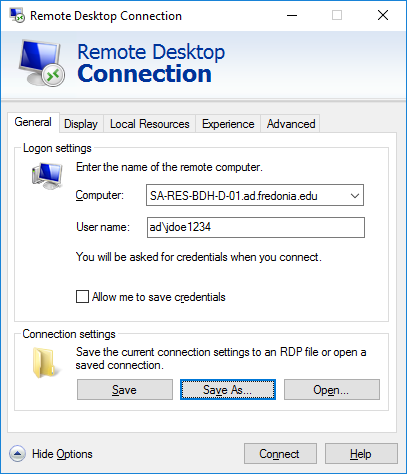 Remote Desktop Connection Tab with General Settings Tab and connection button at the bottom