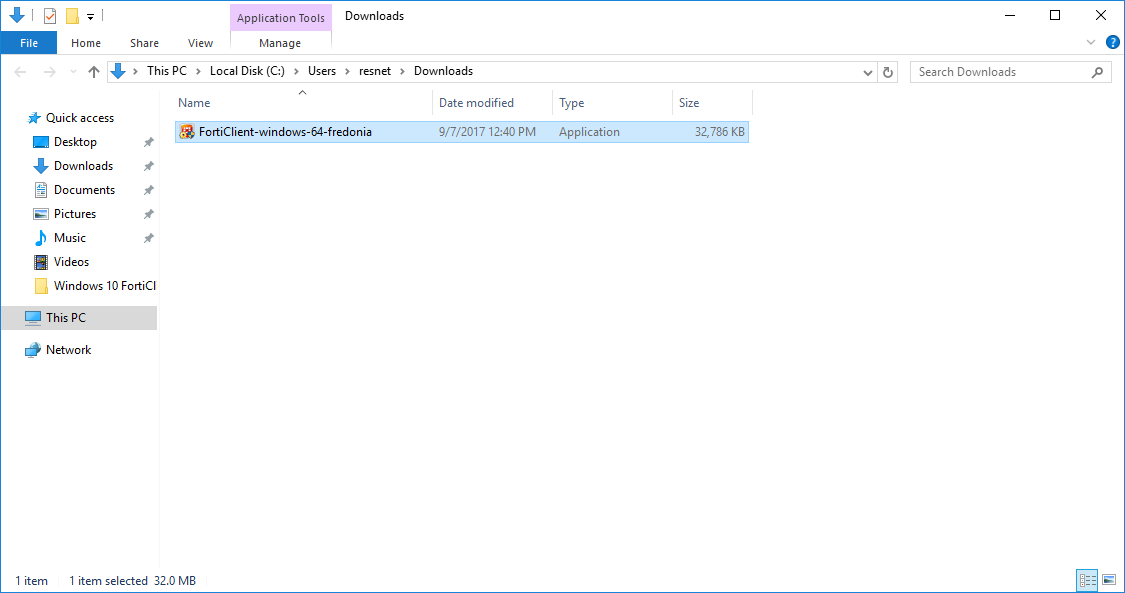 Windows File Explorer download folder with Forticlient application