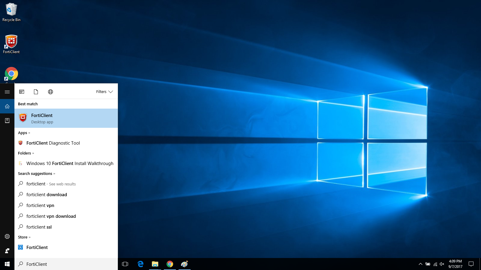 Windows Desktop page with FortiClient revealed in the search menu