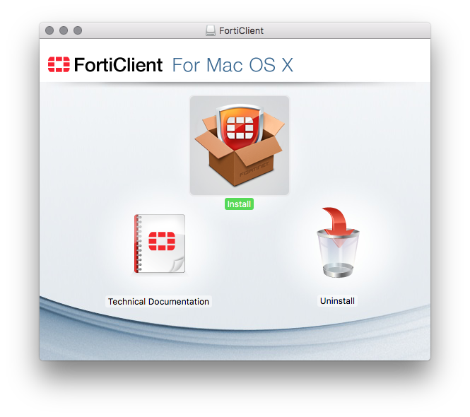 The opening page for FortiClient for Mac OS X with options to uninstall, tech documents, and install
