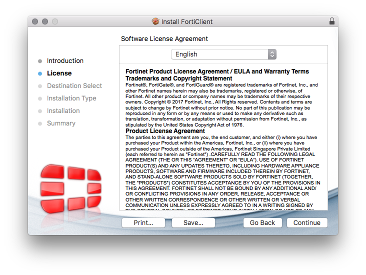 FortiClient Software License Agreement with an option to continue