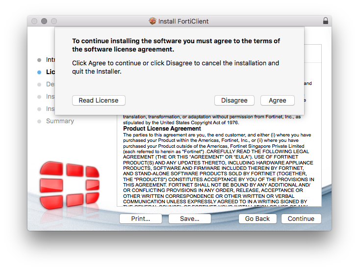 Install FortiClient Software License Agreement page Agree or Disagree Policy