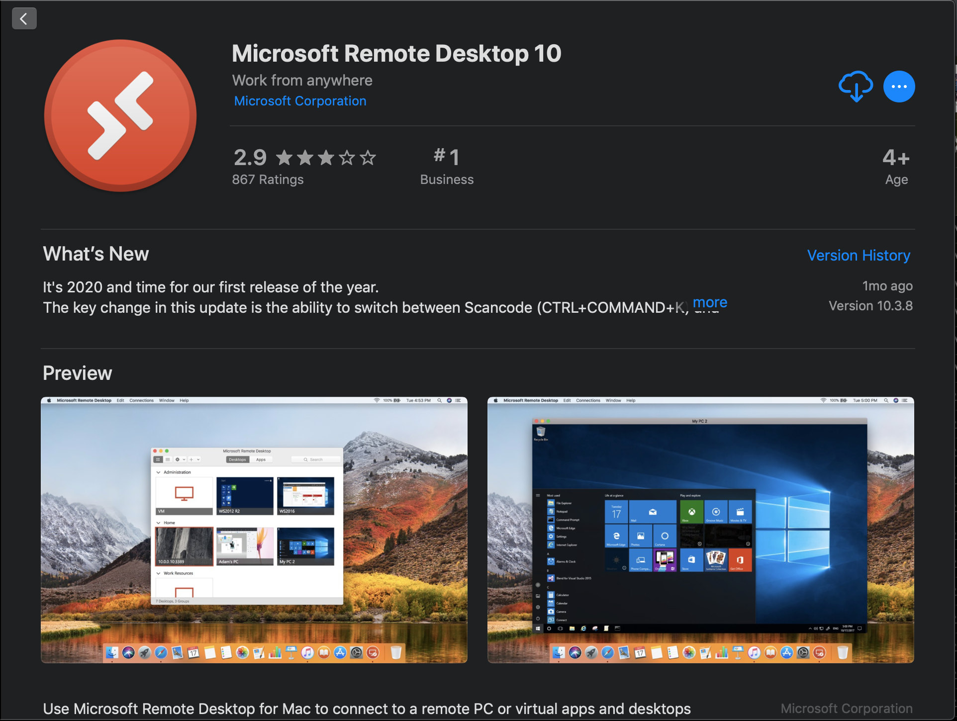 Microsoft App Store page with Microsoft Remote Desktop 10 installation page
