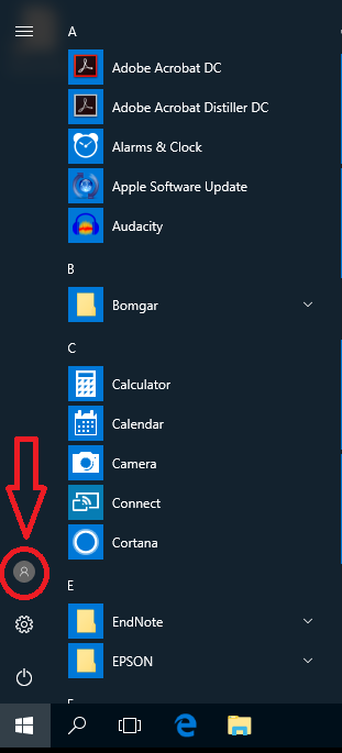 Windows 10 expanded search bar, red arrow pointing at user settings icon