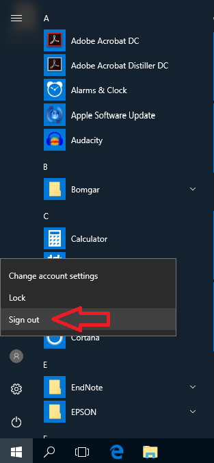 Windows 10 expanded panel, red arrow pointing at Sign Out Button