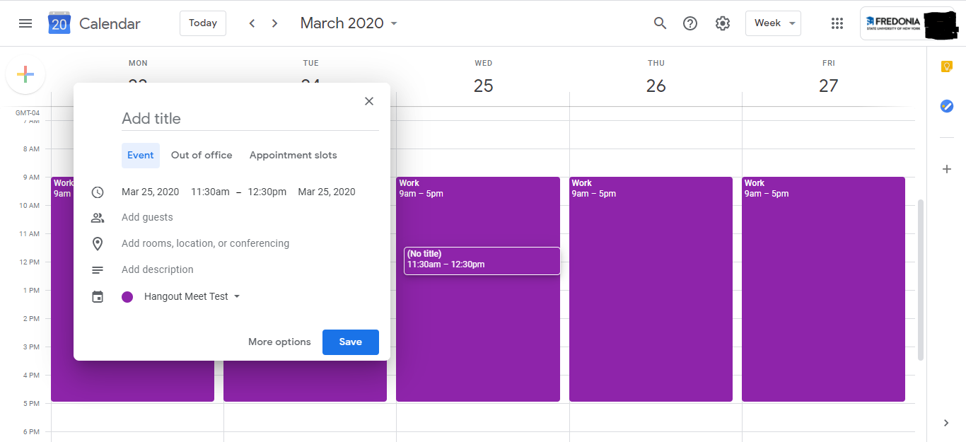 Google Calendar with the Event Dialog Box open.