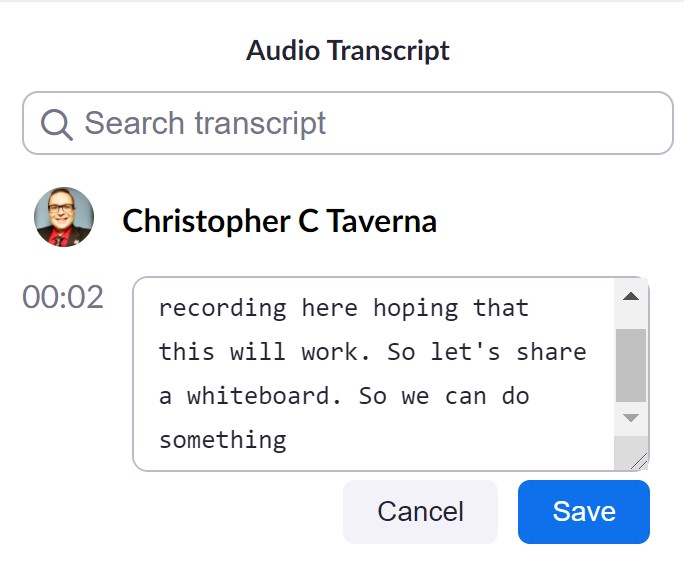 Audio Transcript with a blue save button in the bottom right corner.