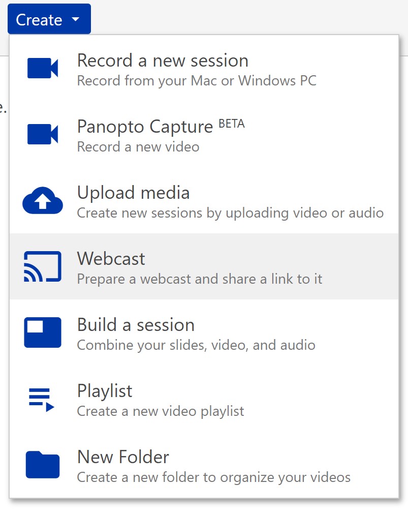 Create drop down menu with Webcast highlighted.