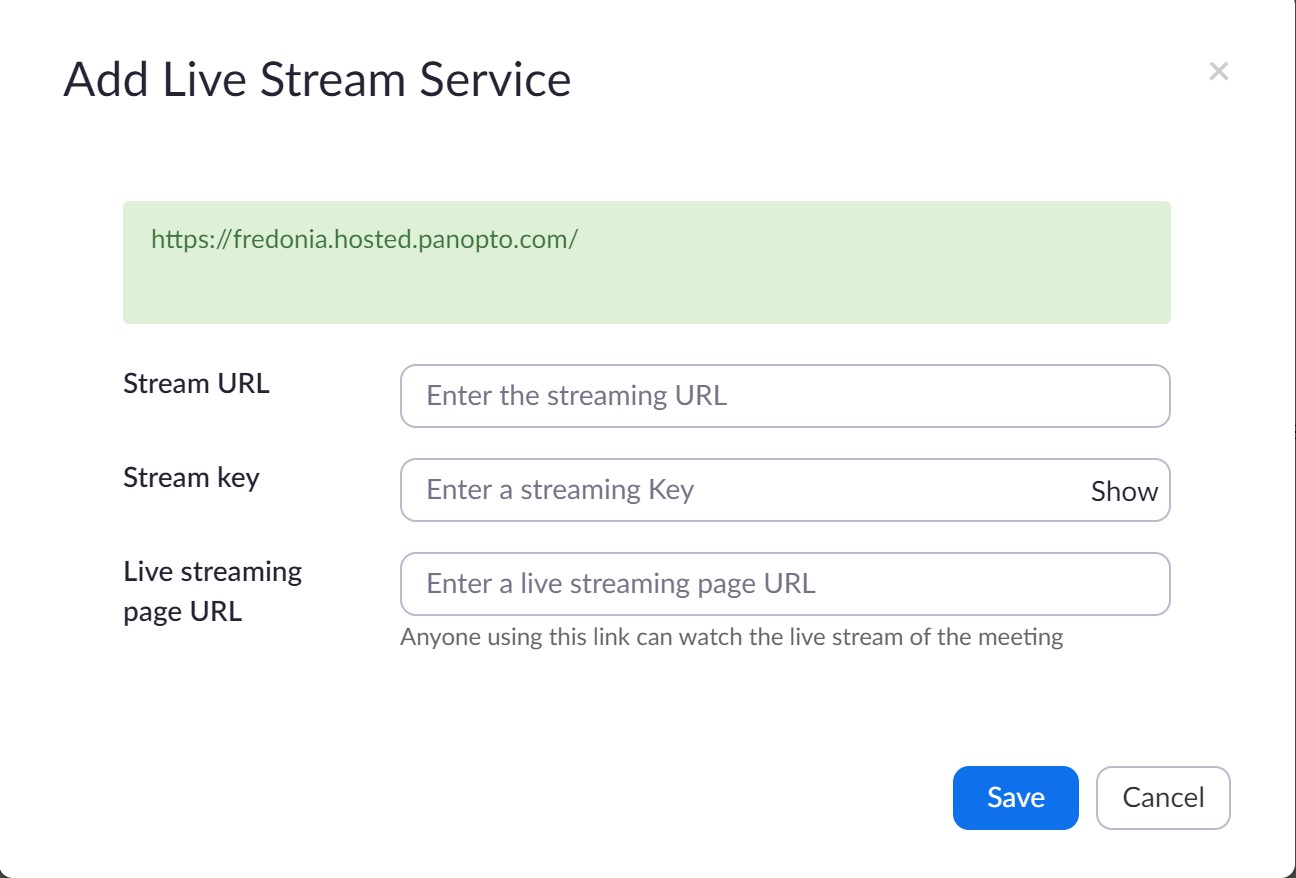Add Live Stream Service with a url for Fredonia Panopto.