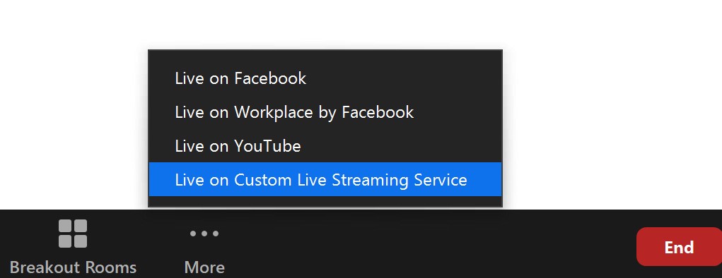 Zoom Meeting interface with Live on Custom Live Streaming Services highlighted in blue.