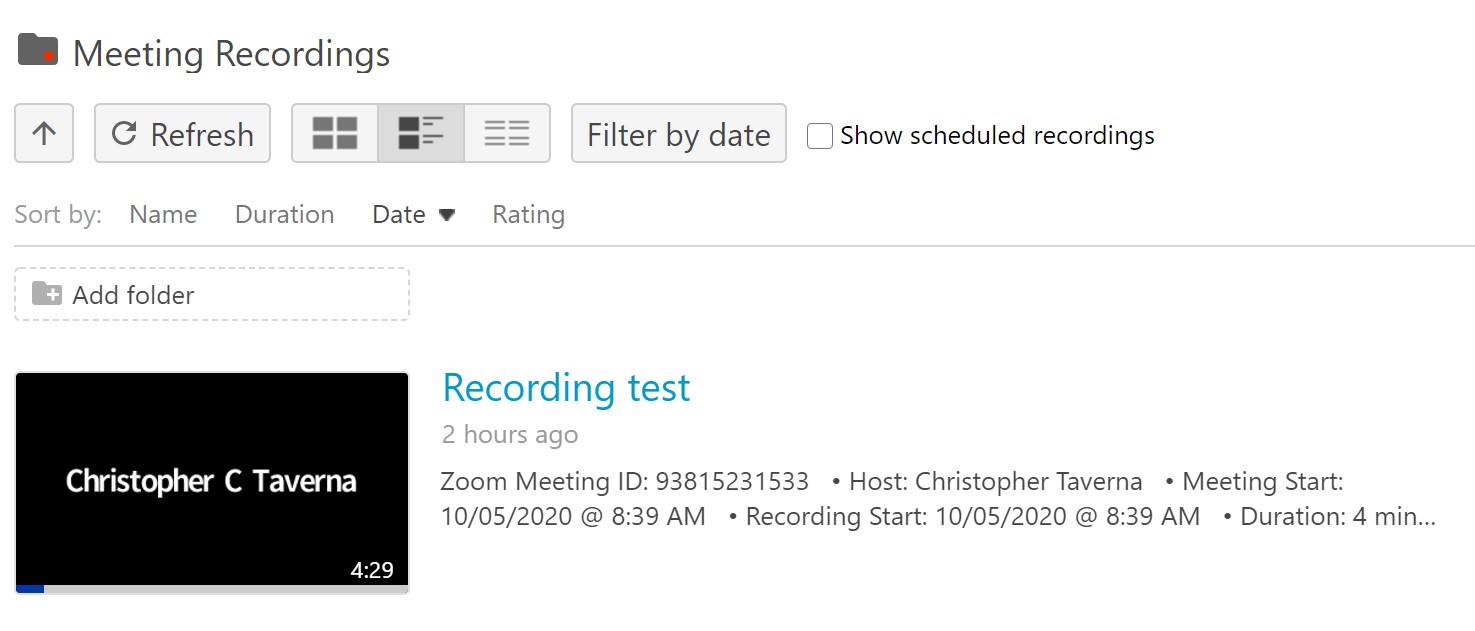 Meeting Recordings Folder open with a Recording Test video below.