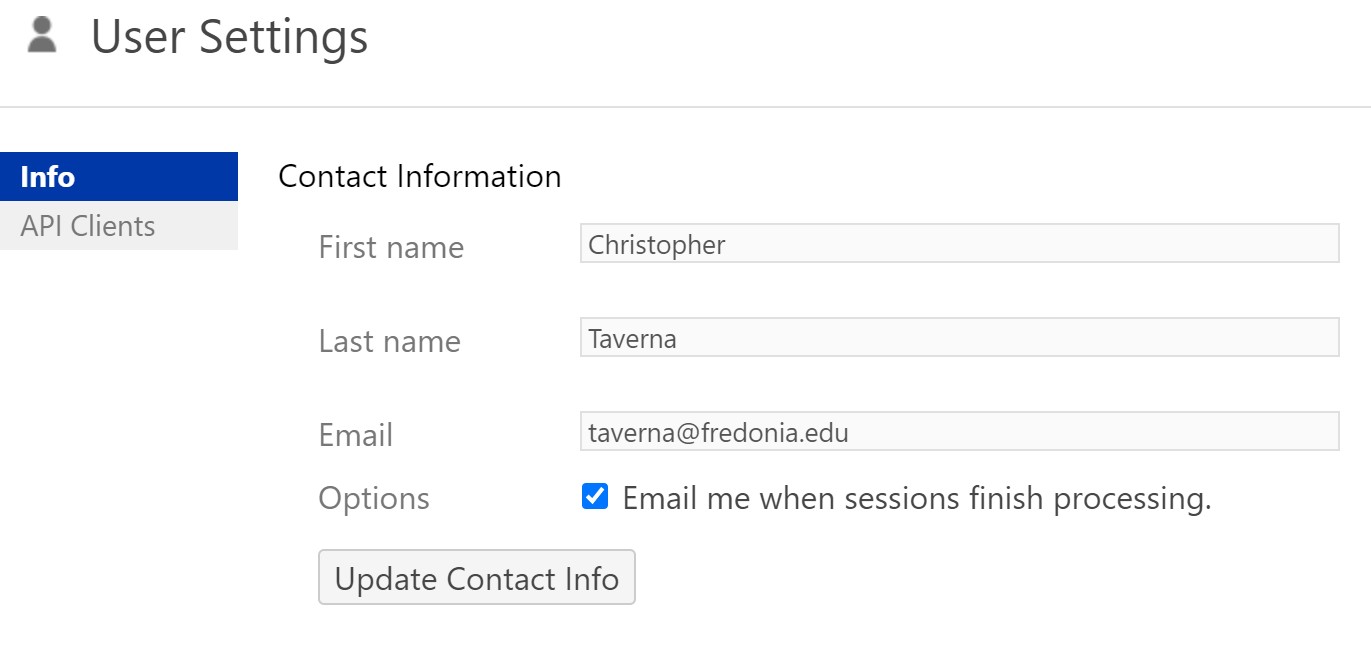 User Settings with contact information.