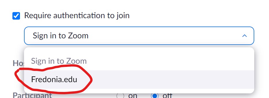 Sign in to Zoom dropdown list with Fredonia.edu option circled in red.