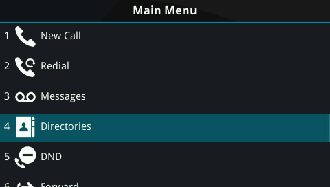 Phone main menu with directories highlighted