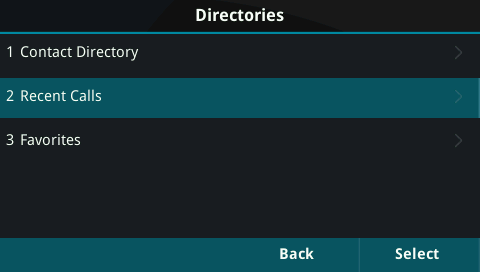phone directories menu with recent calls selected