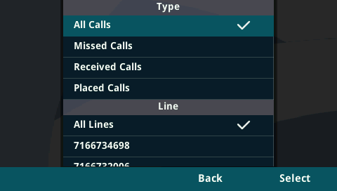 phone call list menu filtered by type