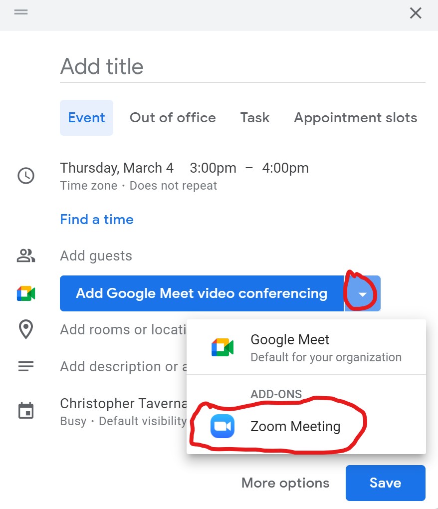 Zoom Meeting option circled in red.
