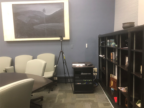 Conference Room with a camera, bookshelf, and TV.