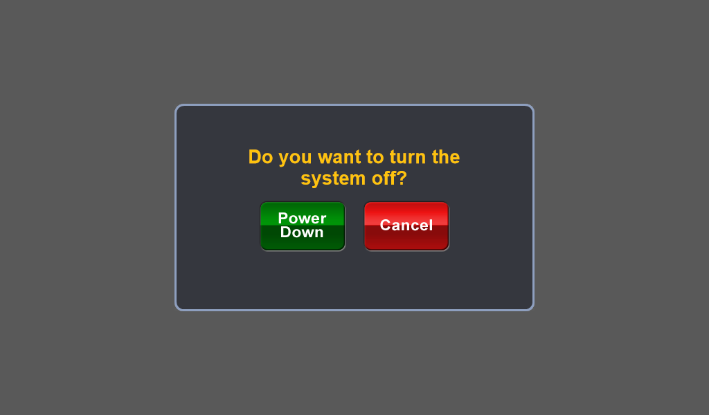 System off with a green button to power down and a red button to cancel.