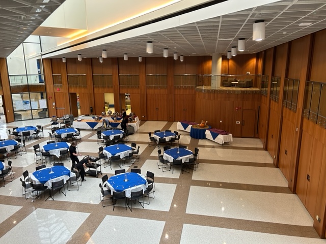 Overhead view of the back of the MPR with tables and chairs set up. 