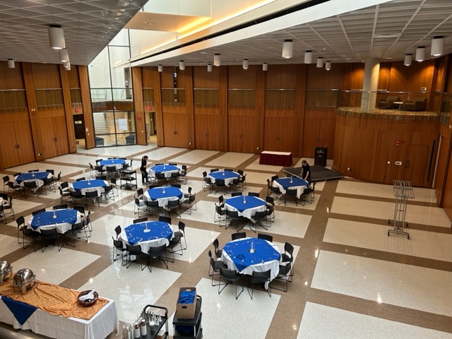 Overhead view of the front of the MPR with tables and chairs set up. 