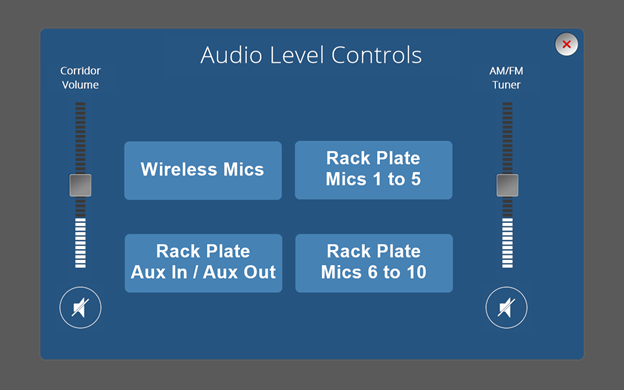 Extron Audio Level Controls. Options allow control over wireless mic volume, AUX in or out, and Rack Plate Mics