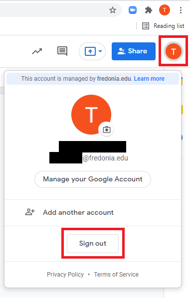 Google Account panel with the icon and sign out button highlighted with red boxes. The email address has been redacted at highlighted black