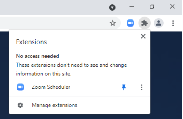 Google Extensions panel with Zoom Scheduler active