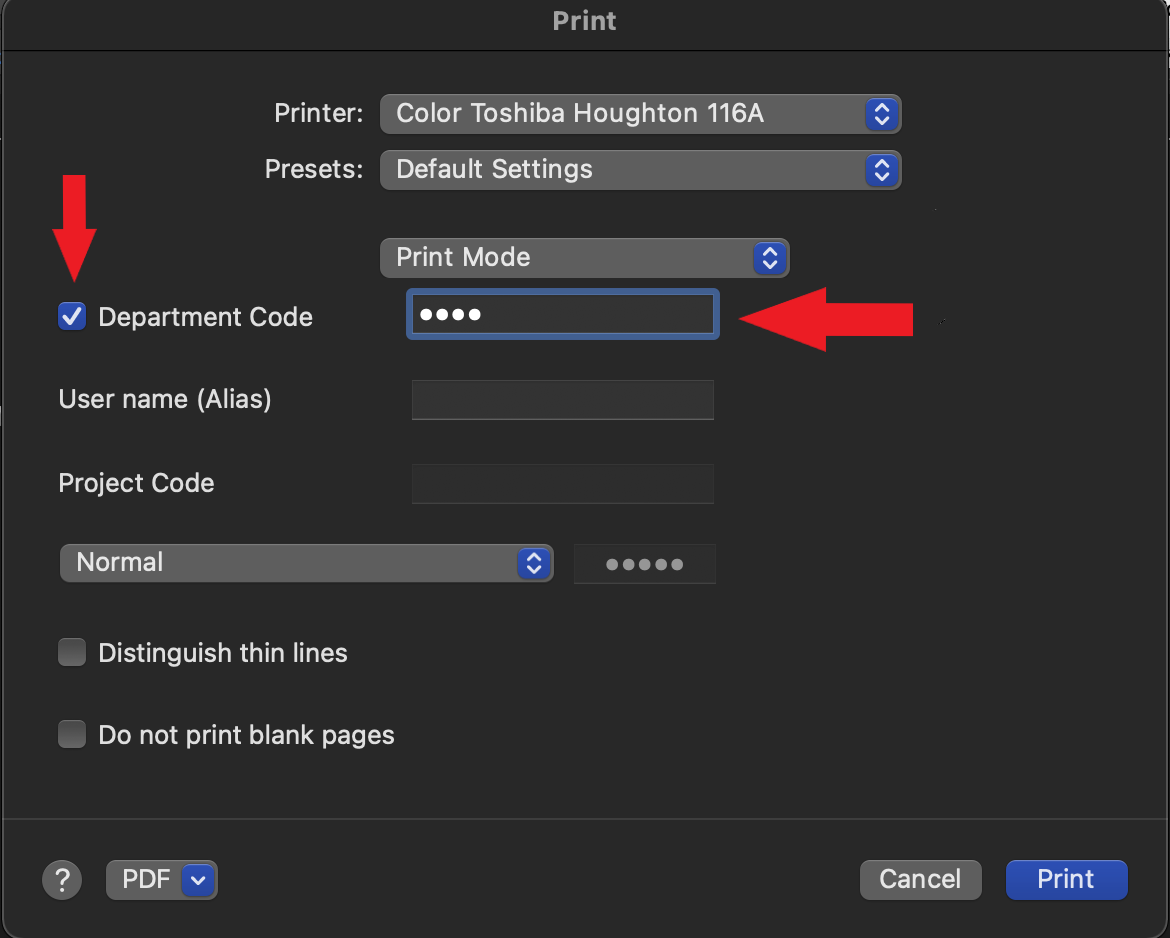 Showing where to enter the print code