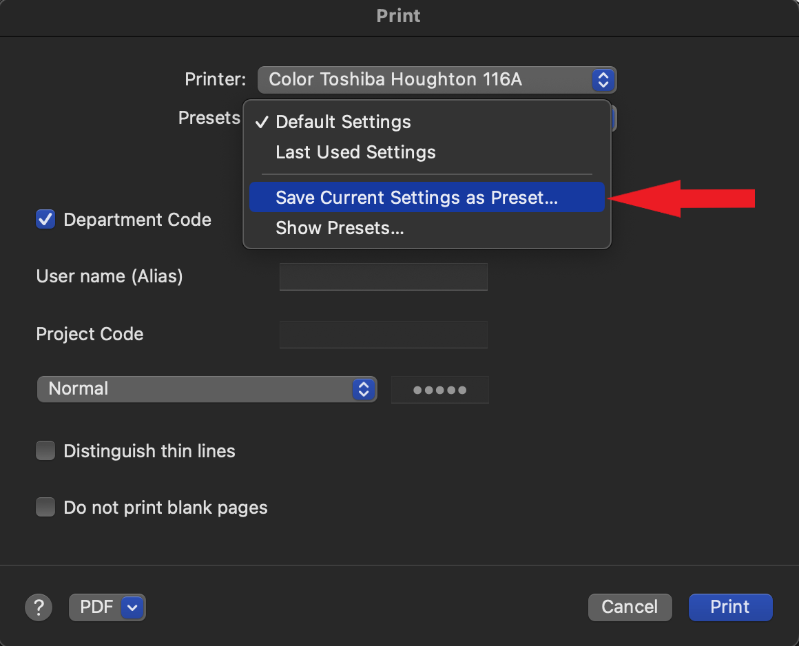 Showing print window and how to save preset
