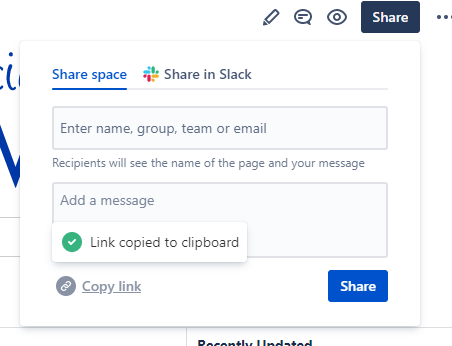 This is a screenshot of the share menu with a message saying link copied to clipboard.