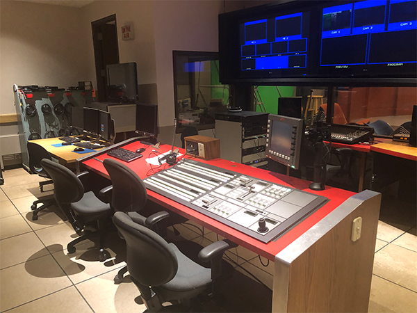 TV Studio Control room with several monitors
