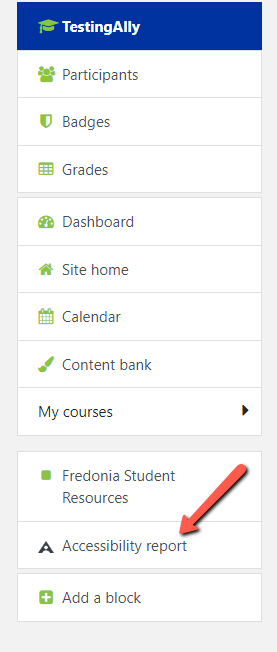 An instructor can access the Accessibility report for their course by clicking on the Accessibility report link on the left side menu on the course main page