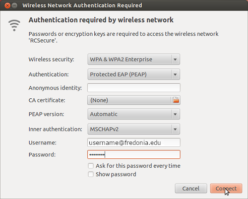 The Wireless Network Authentication window on a Linux device